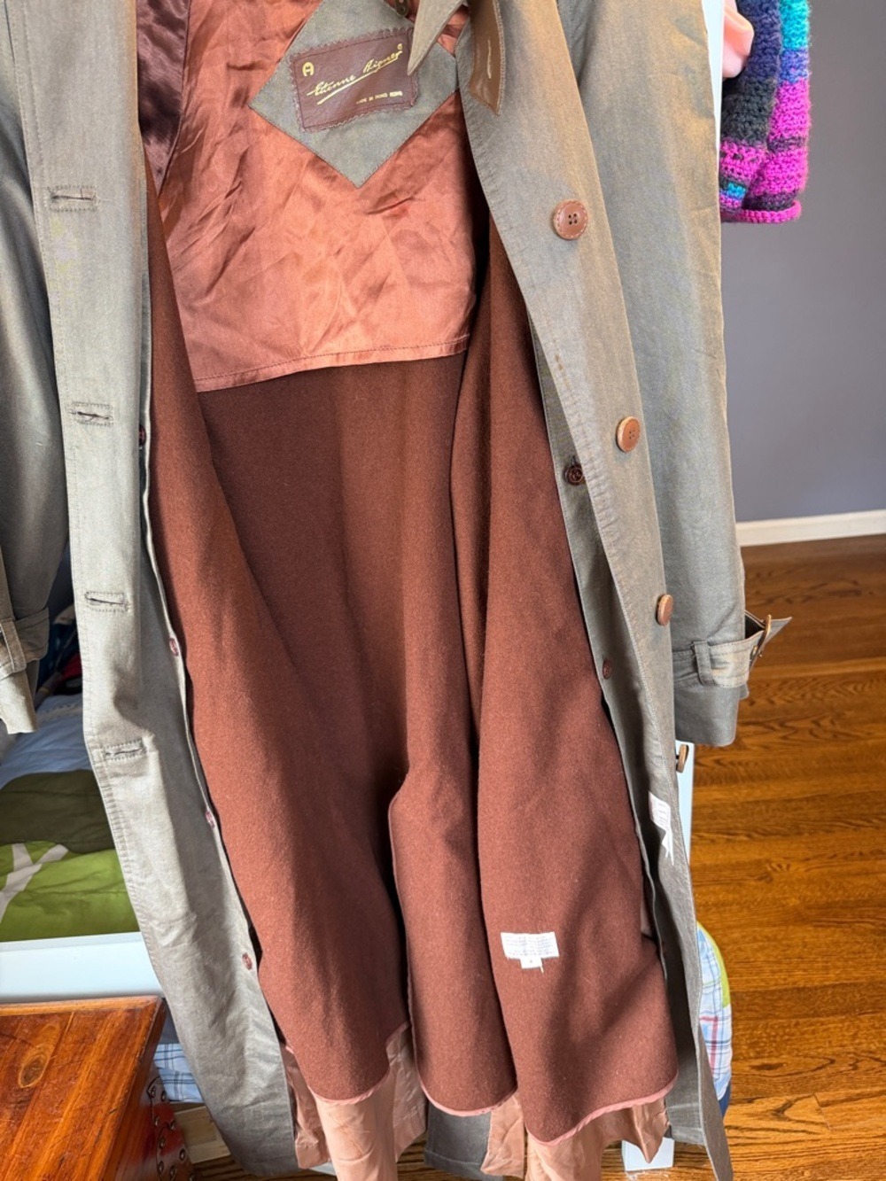 Etienne Aigner Vintage Olive Trench Coat Belted Leather Trim Wool Lined Sz 8 - Picture 15 of 16